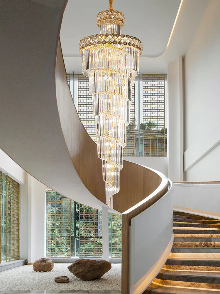 Luxury Crystal Chandelier: Elegant Staircase Lighting Fixture for Villa, Gold Stainless Steel