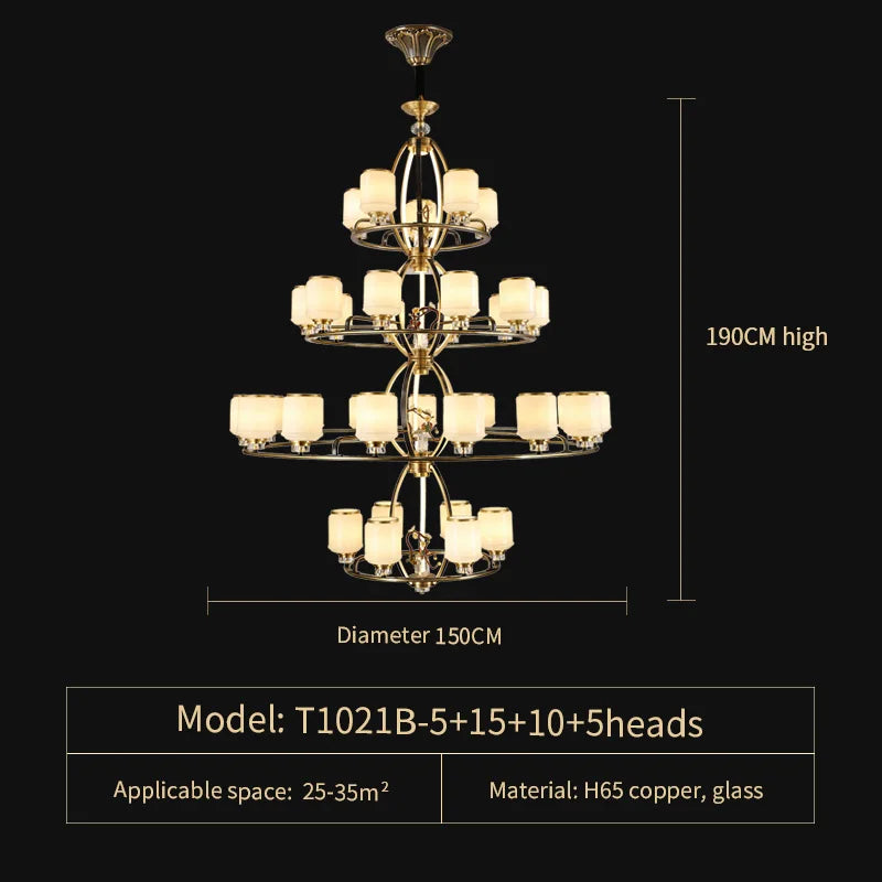 Chinese Natural Jade All Copper Chandelier for Luxury Living Room Villa