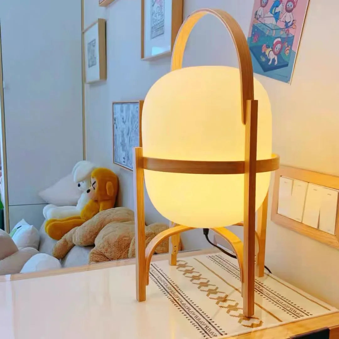 Japanese Style Glass Table Lamp with Wood/Metal Frame