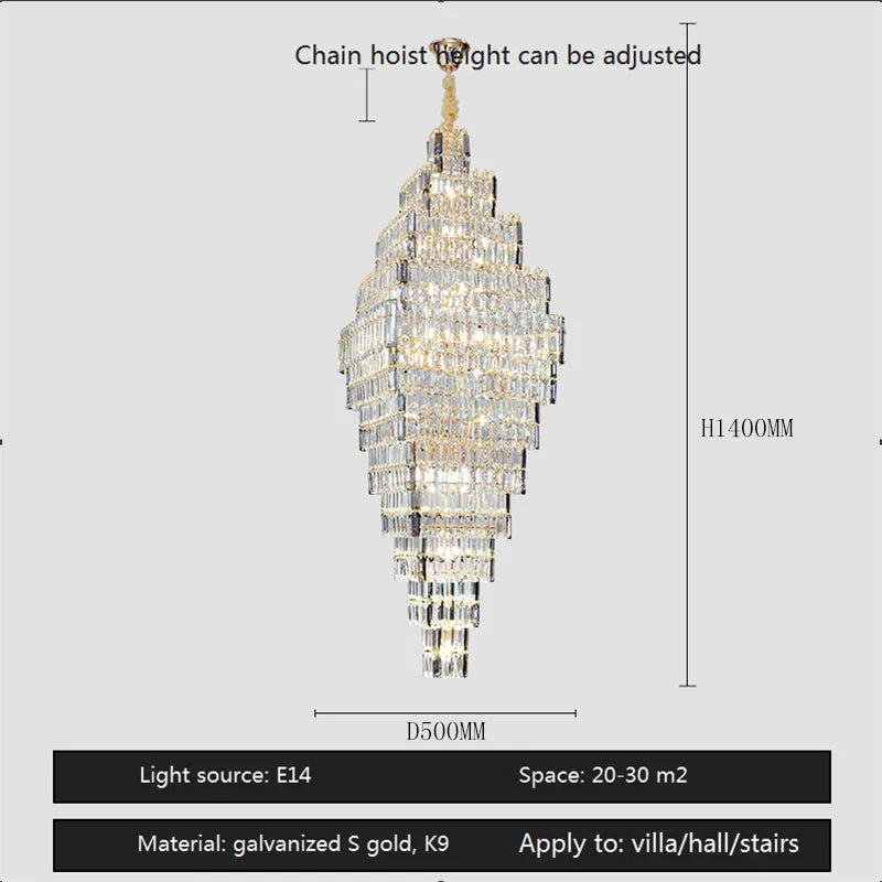 Crystal Large Chandelier for Villa Duplex Loft Stairs, Elegant Hall Pendant Light