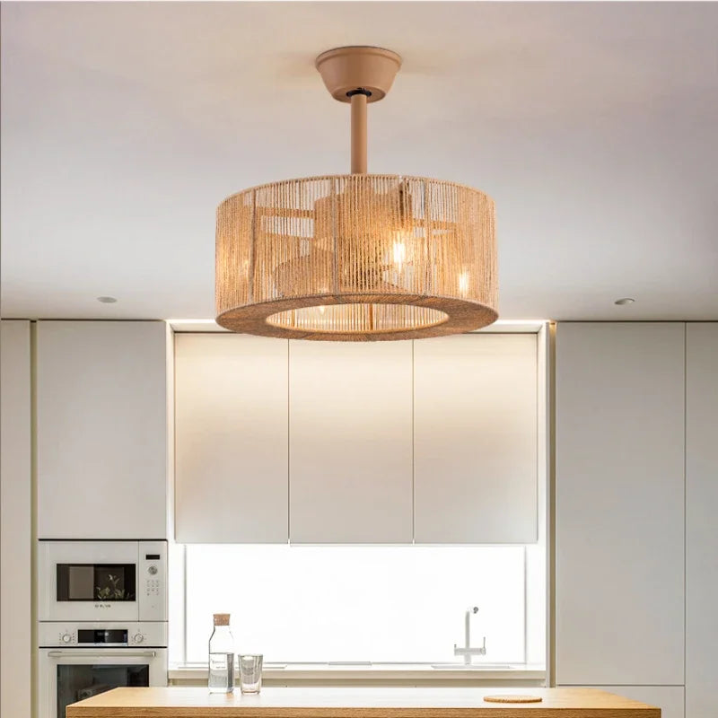 Braided Rope Lantern Ceiling Fan Light: Reversible, Dimmable, 6-Speed Home Decor