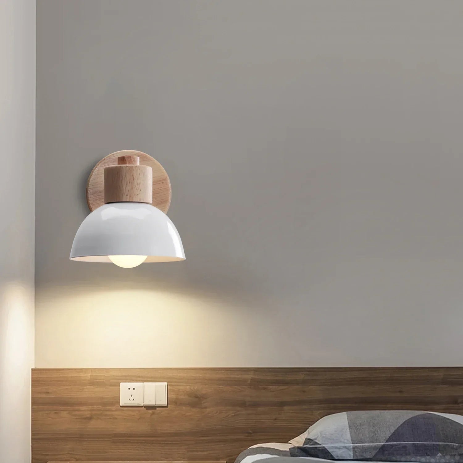 Modern Nordic Wooden Wall Lights Bedside Sconce by - White Lampshade, E27