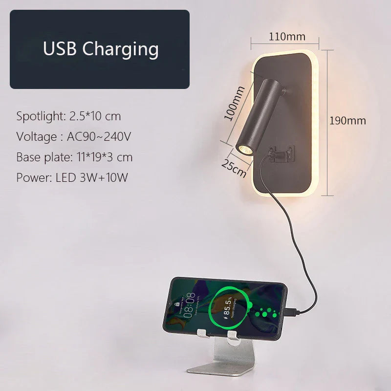 LED Wall Lamp USB Charging Bedroom Hotel Bedside Reading Sconce Switch