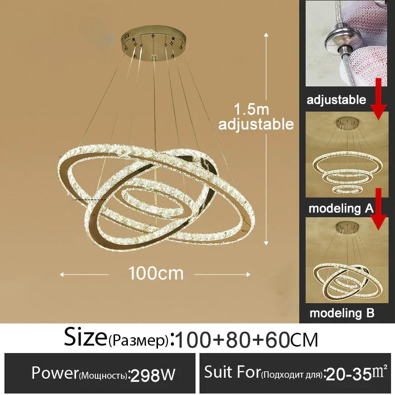 Gold Gloss LED Crystal Ring Chandelier for Modern Luxury Living Room