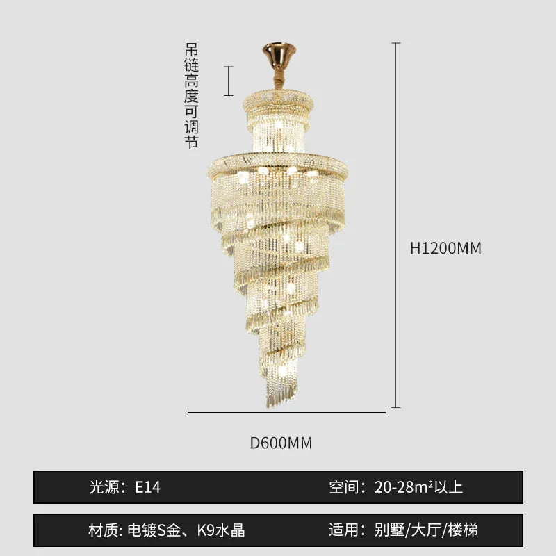 Crystal Spiral Staircase Chandelier for High-end Sales Office Hall Lighting