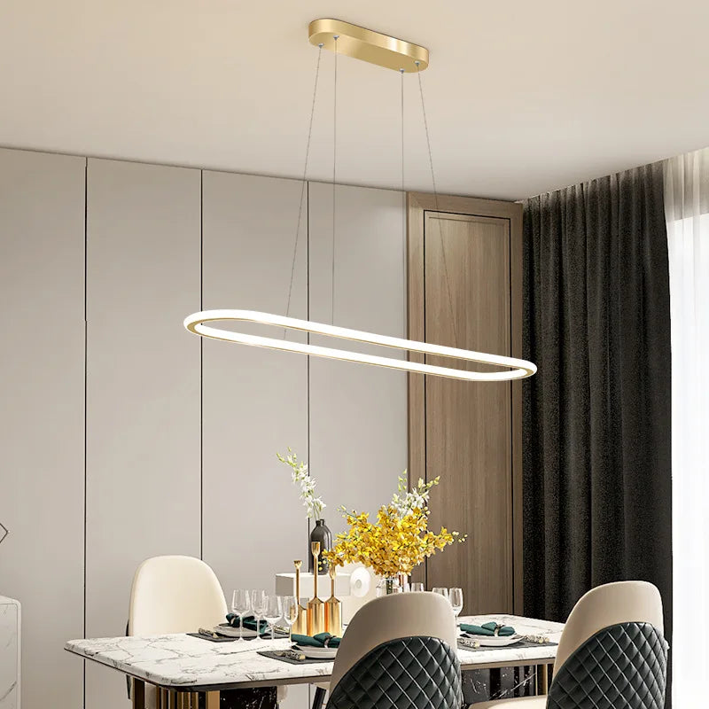 Gold Oval LED Chandelier Dimmable Dining Room Pendant Light Fixture