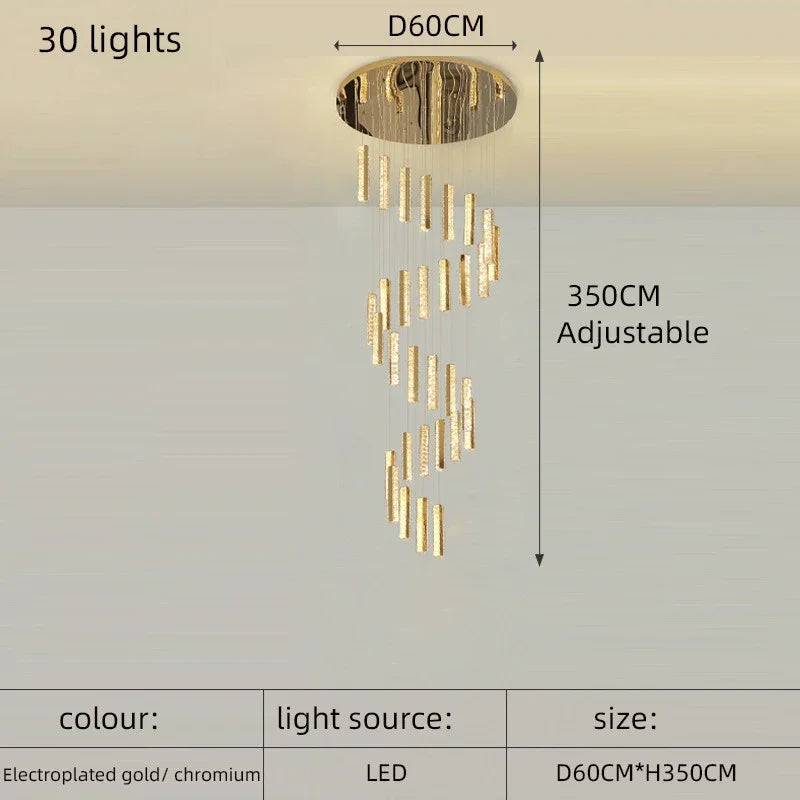 Luxury Crystal LED Chandelier for Modern Living Room and Spiral Staircase