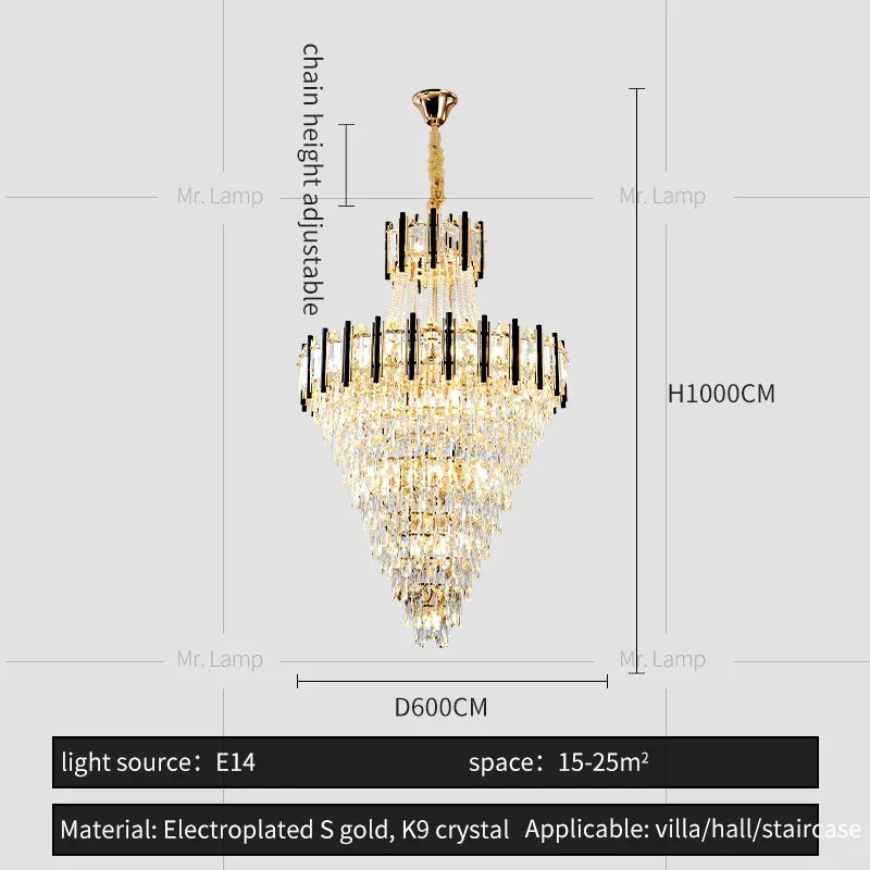 Crystal Chandelier Light: Villa Living Room Luxury Loft Spiral Staircase Long Chandelier