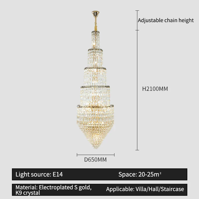 Crystal Hollow Long Chandelier: Elegant Duplex Villa Hall Lighting