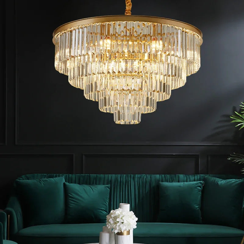 Black Gold Crystal Ceiling Chandelier: Modern LED Pendant Light for Luxe Living Spaces