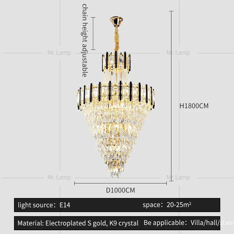 Crystal Chandelier Light: Villa Living Room Luxury Loft Spiral Staircase Long Chandelier