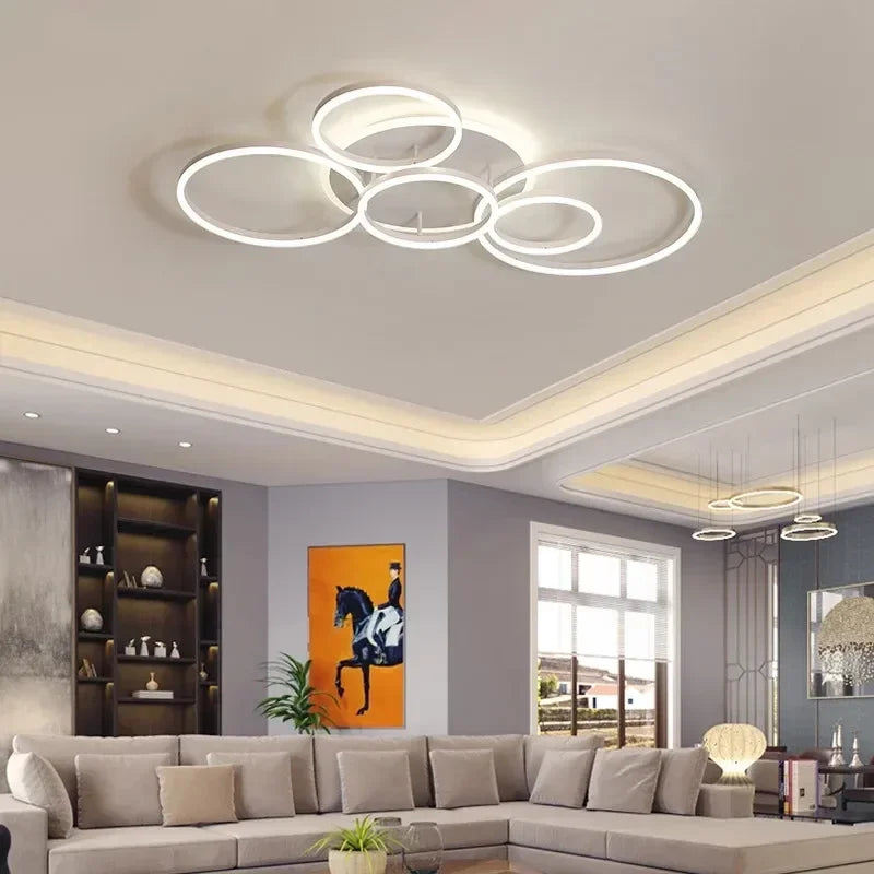 Modern Golden White Ring Chandelier for Living Room, Dimmable LED Ceiling Light