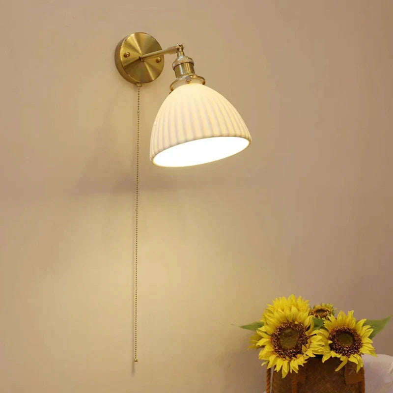 Ceramic Sconce Lamp, Vintage Brass Wall Light, Modern Minimalist Bedside Reading Lamp