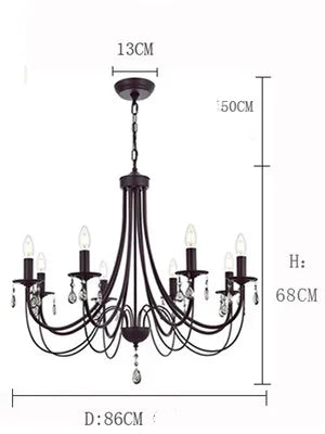 Black Iron Chandelier with Crystal Pendant for Home Lighting