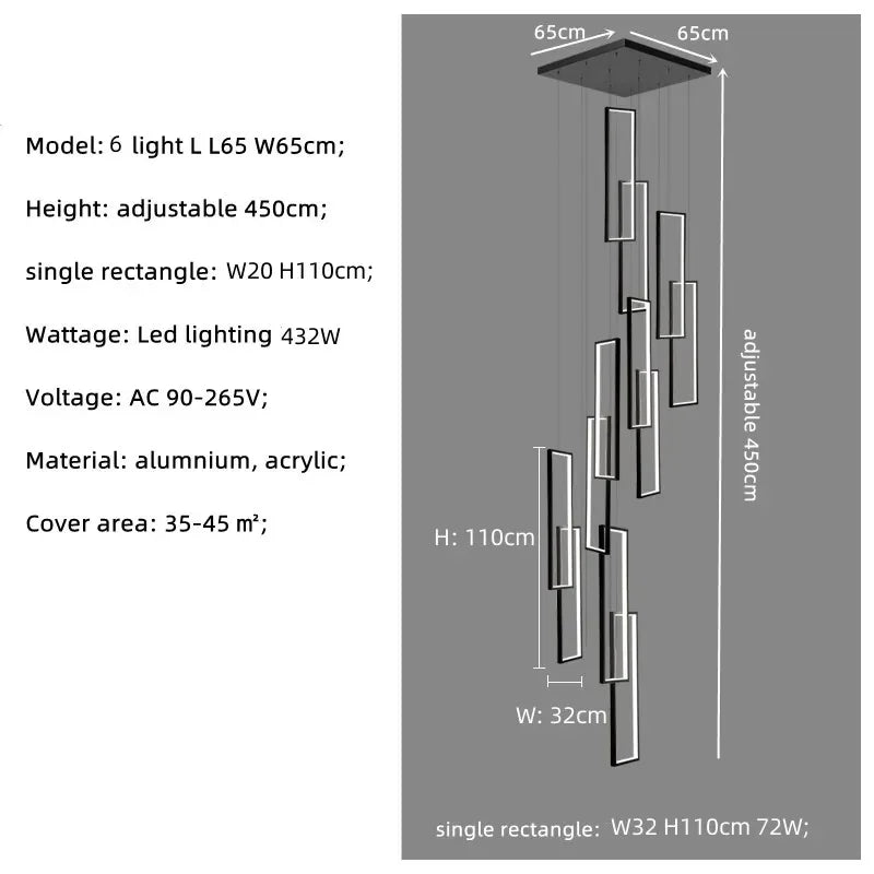 Nordic Black Rectangle LED Chandelier for Living Room, Dimmable Stairs Pendant Lighting