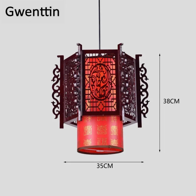 Sheepskin Lantern Pendant Light - Vintage Chinese Style Wooden Hanging Lamp
