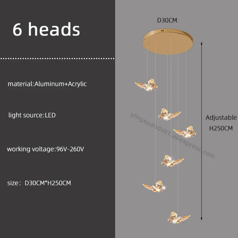 Butterfly Chandelier Staircase Suspended Loft Pendant Light for Living Room & Hallway