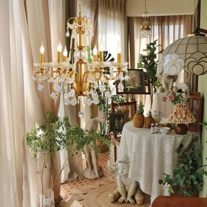 Gold Brass Crystal Chandelier - Luxurious Candle Lights for Villa Living Room
