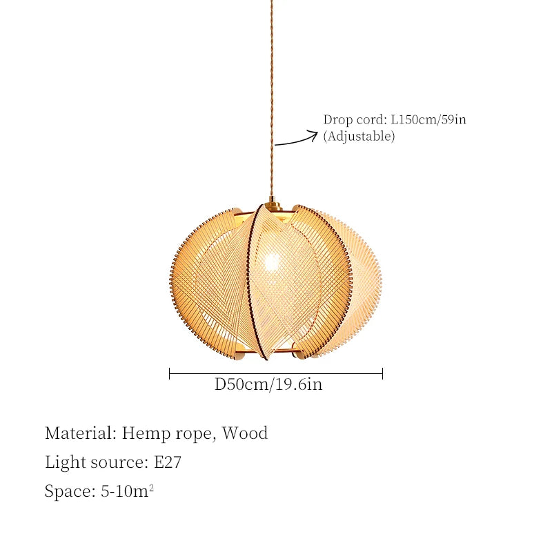 Wabi Sabi Hemp Rope Wood Chandelier Pendant Lights for Living Room Bedroom
