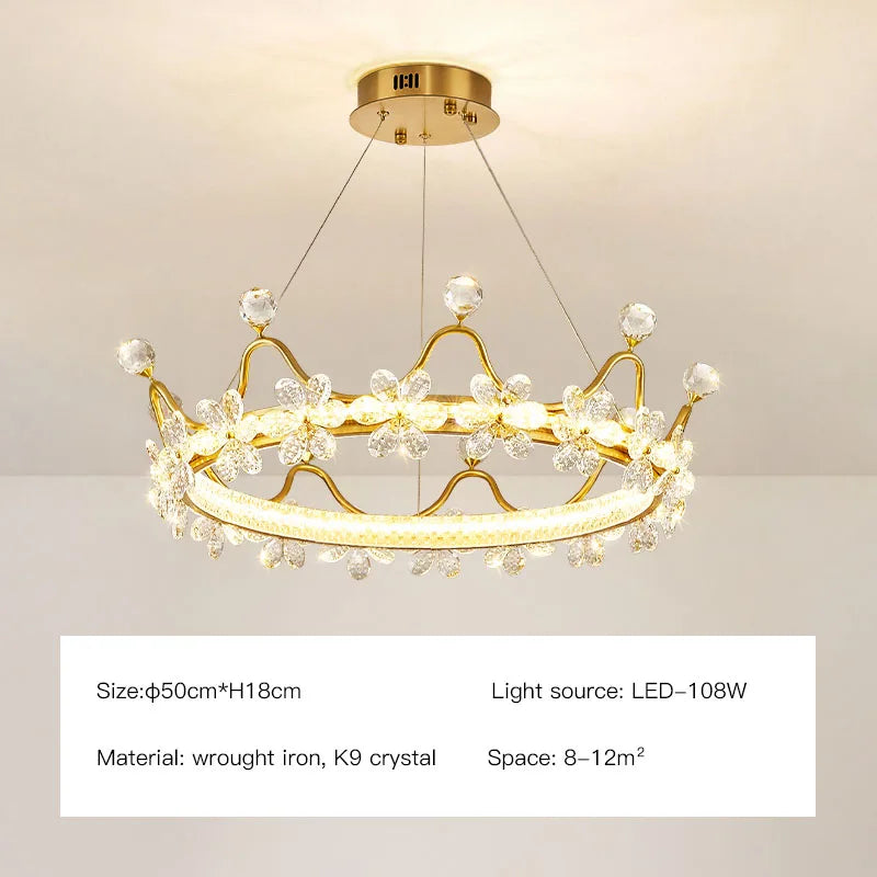 Crown Petal LED Crystal Chandelier - Luxury Nordic Design for Girls' Bedroom