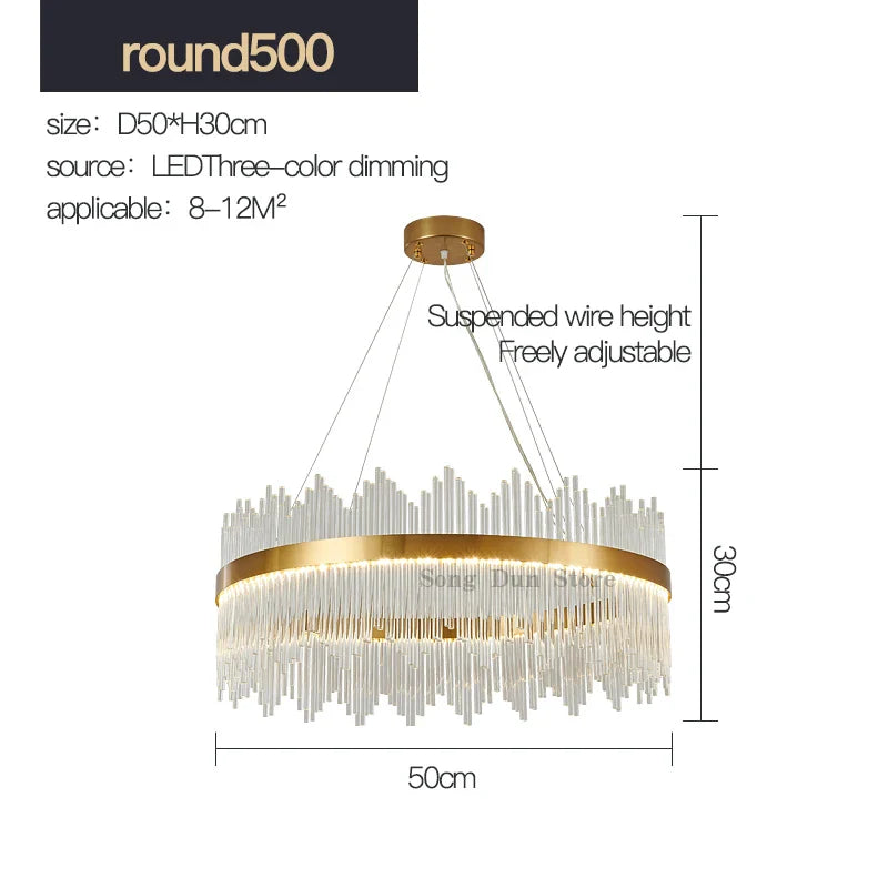 Crystal Rod Round Chandelier: Modern Nordic Light for Living Room, Bedroom, Dining Room, Kitchen