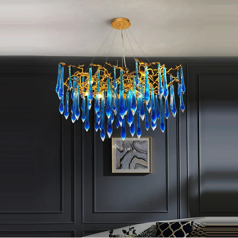 Blue Crystal Chandelier: Luxe Living Room LED Lighting