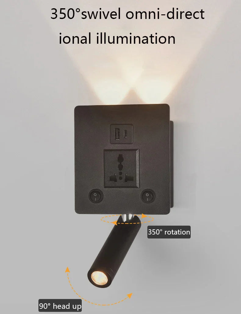 Rotatable LED Wall Sconce Lamp with USB Port & Socket for Bedrooms, Restaurants - White/Black