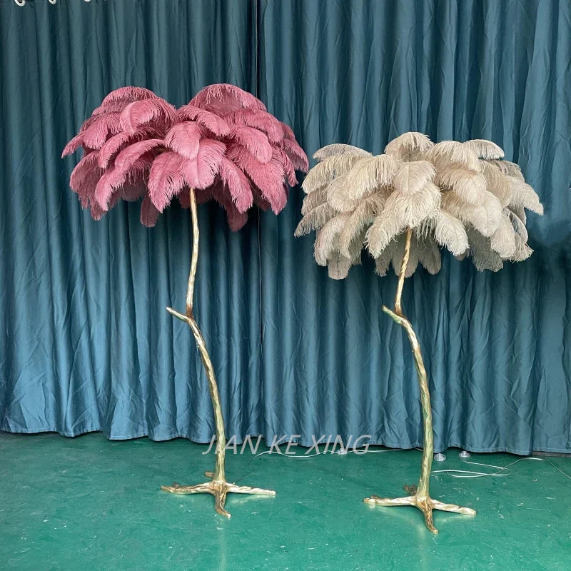 Princess Living Room Luxury Ostrich Feather Floor Lamp in Camel Lush LED Lighting