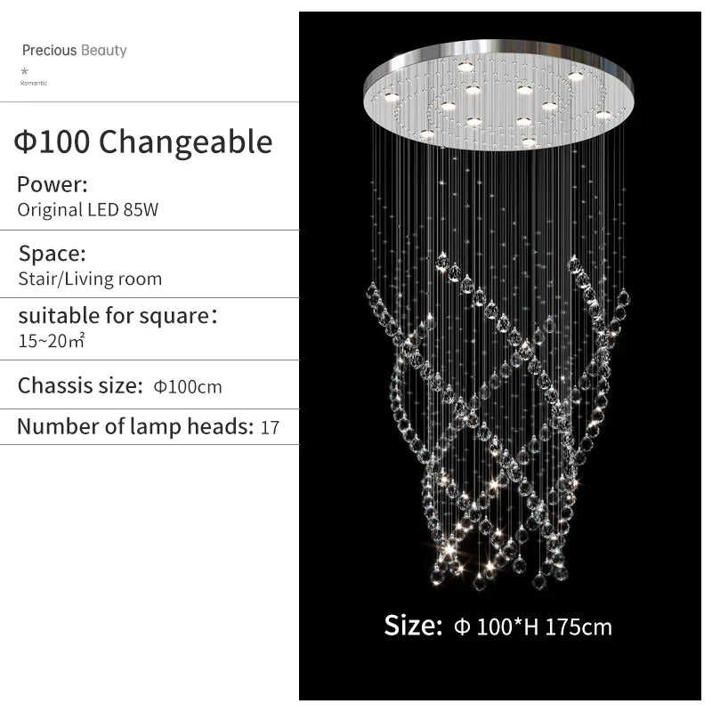 Crystal Chandelier for High Ceilings Living Room - Modern Luxury Spiral Stair Pendant Lamp