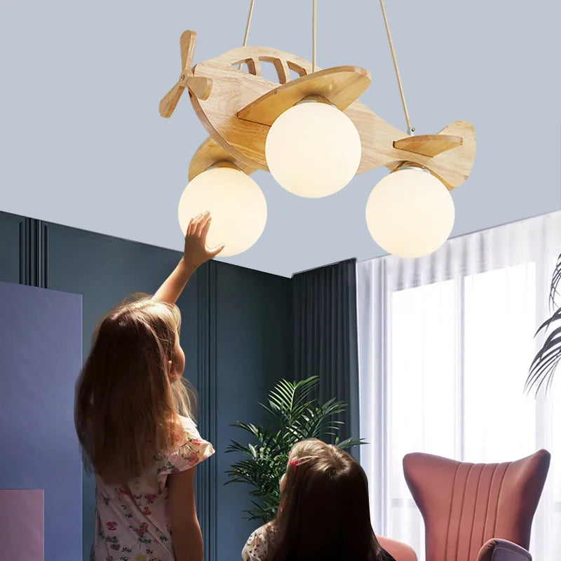 Wooden Airplane Chandelier for Boy's Room & Kindergarten - Creative & Modern Cartoon Lights