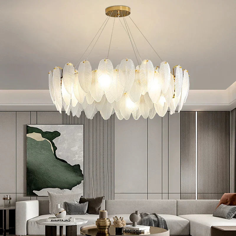 Gold Feather Chandelier LED Pendant Light for Home Decor
