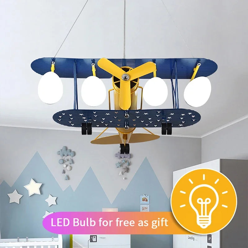 Airplane Chandelier Kids LED Lights Cartoon Boys Bedroom Cute Gift