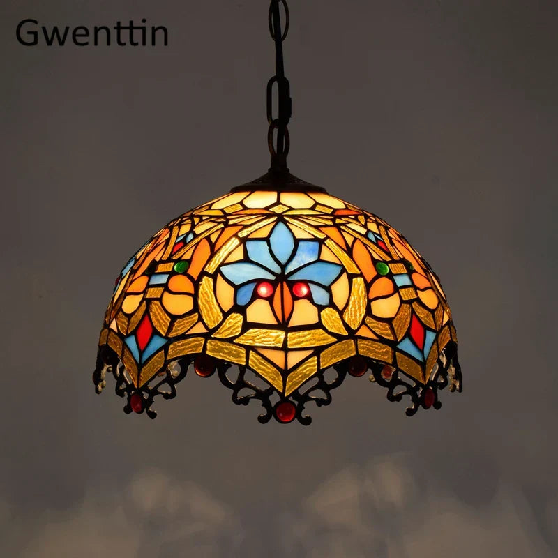 Stained Glass Pendant Lights: Baroque Style LED Kitchen Lighting Fixtures