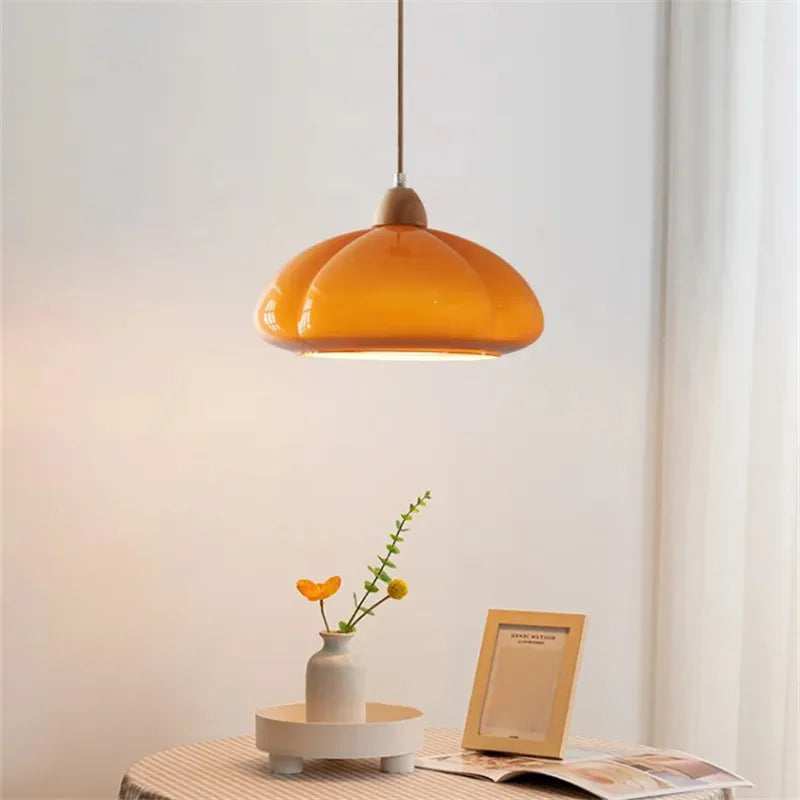 Mid-Century Orange Pumpkin Chandelier Glass Hanging Light