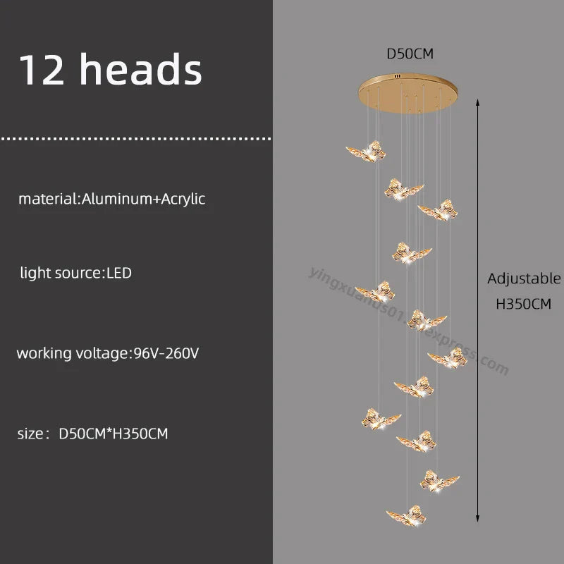 Butterfly Chandelier Staircase Suspended Loft Pendant Light for Living Room & Hallway