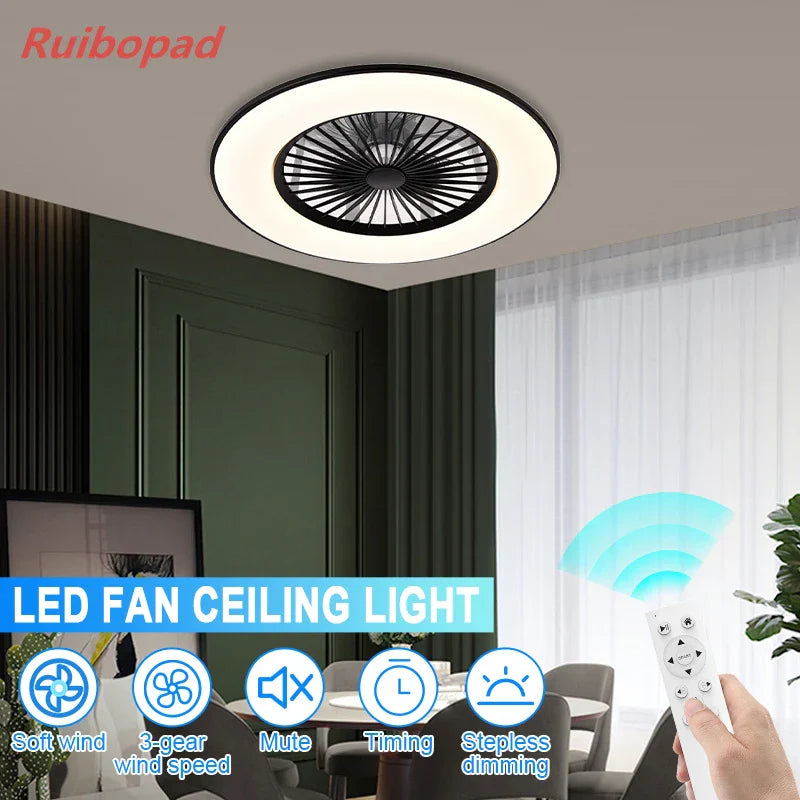 Modern Black 56cm Round Ceiling Fan with LED Light and Remote Control