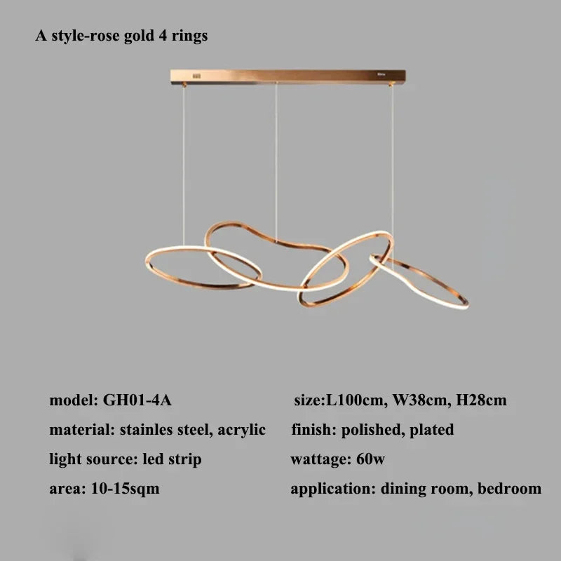 Rose Gold LED Chandeliers: Modern Rings Lighting for Living, Dining, Kitchen - Luminaire