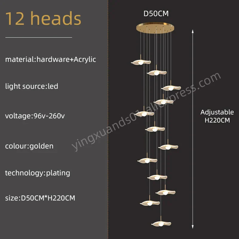 Gold Acrylic Chandeliers LED Pendant Lamp Modern Staircase Living Room Lighting