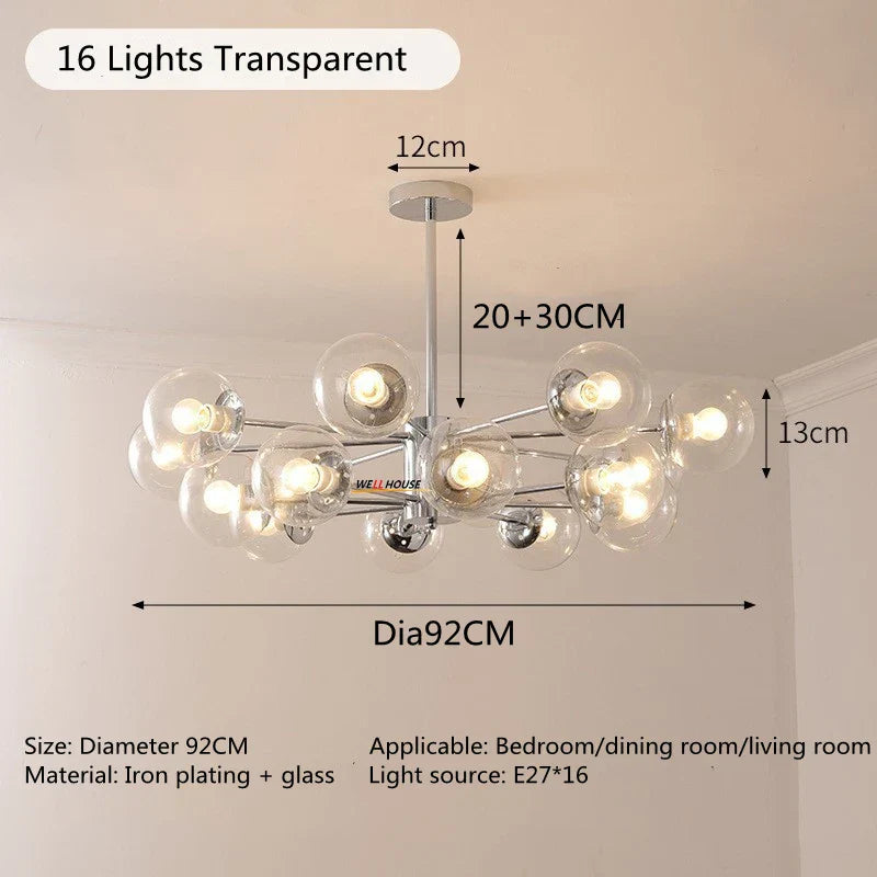 Silver LED Chandelier: Modern Nordic Glass Pendant Light for Home Décor