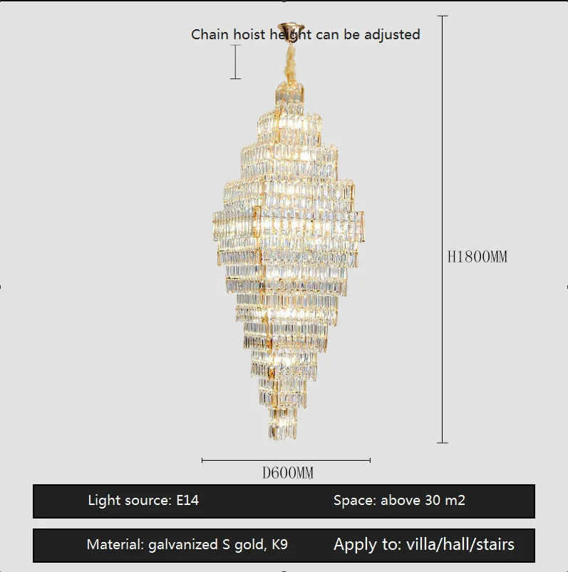 Crystal Large Chandelier for Villa Duplex Loft Stairs, Elegant Hall Pendant Light