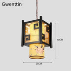 Sheepskin Lantern Pendant Light - Vintage Chinese Style Wooden Hanging Lamp