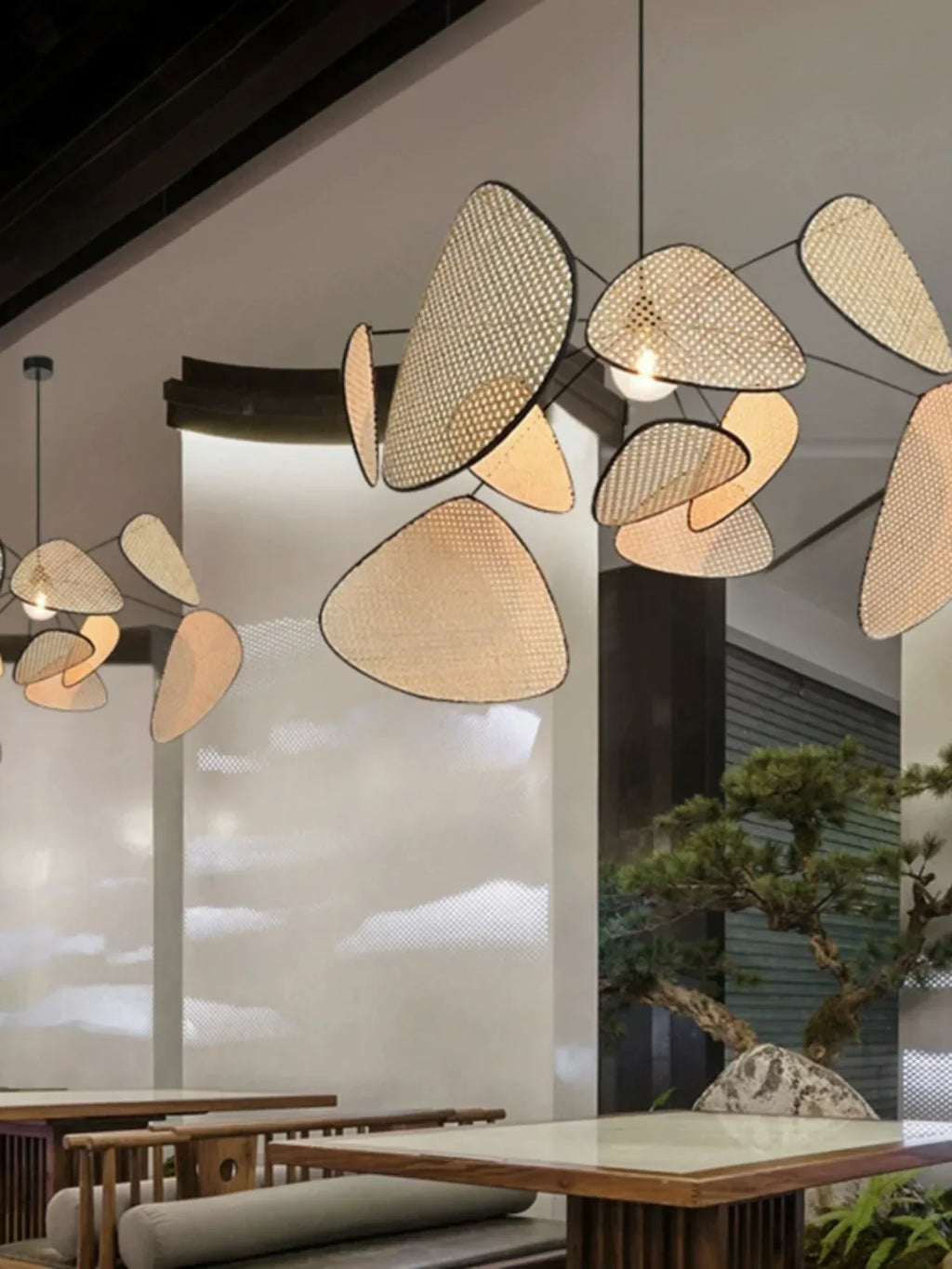 Leaf Grid Handmade Rattan Screen Chandelier for Modern Living Room and Bedroom