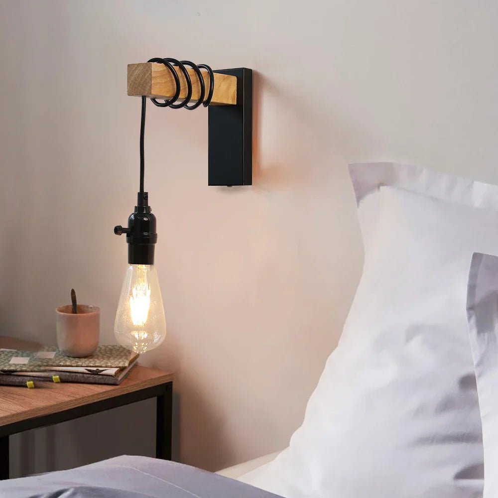 Retro Iron Wood Wall Sconce E27 Wall Lamp Indoor Bedside Dining Room Light