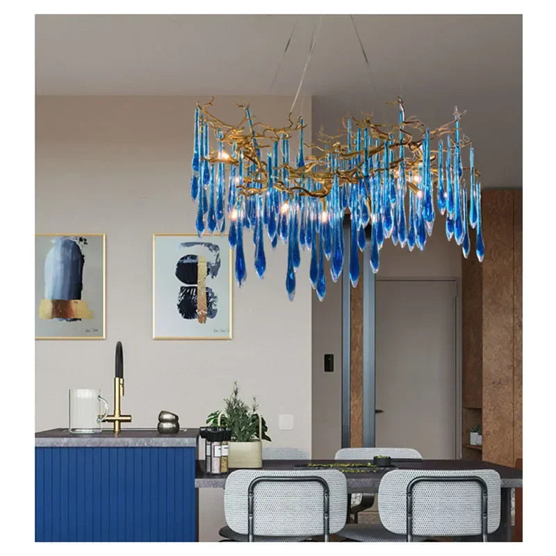 Blue Crystal Chandelier: Luxe Living Room LED Lighting