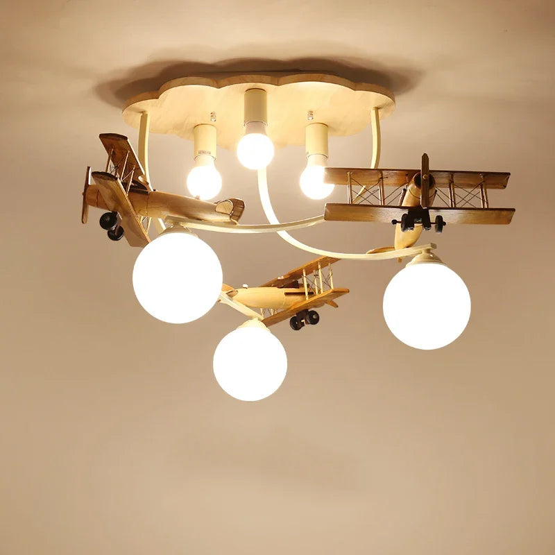 Wooden Plane Nursery Ceiling Light for Kids Room LED Chandelier