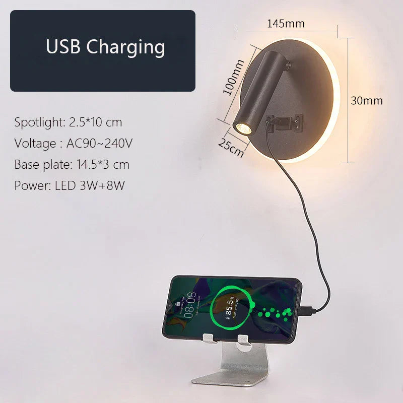 LED Wall Lamp USB Charging Bedroom Hotel Bedside Reading Sconce Switch