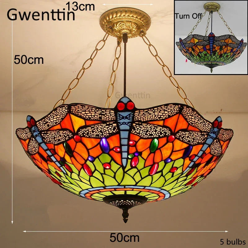 Mediterranean Tiffany Stained Glass Pendant Light Vintage Hanging Lamp Art Decor