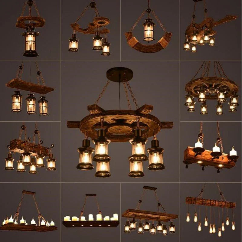 Retro Wood E27 LED Ceiling Chandelier: Antique Industrial Bar Pendant Lights for Vintage Ambiance