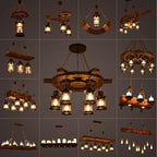 Retro Wood E27 LED Ceiling Chandelier - Industrial Vintage Pendant Lights