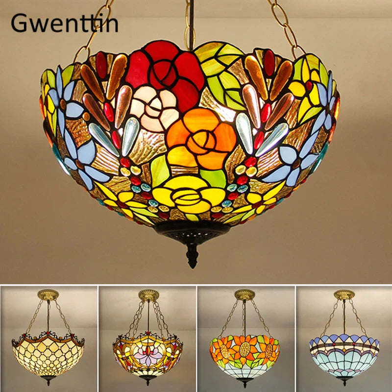 Tiffany Stained Glass Pendant Light Chandelier LED Fixture for Home Deco